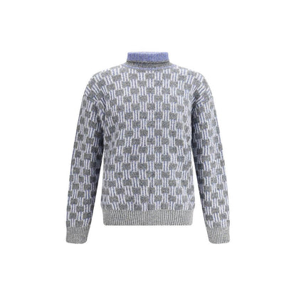 Giorgio Armani Light Blue Cotton Turtleneck with two-tone graphic pattern, perfect for contemporary looks.