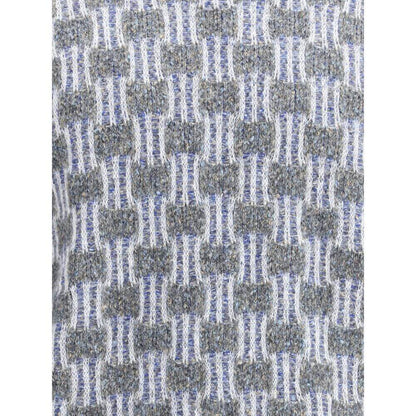 Close-up of Giorgio Armani Light Blue Cotton Turtleneck with two-tone graphic pattern knitting in fine cotton, alpaca wool, and cashmere.