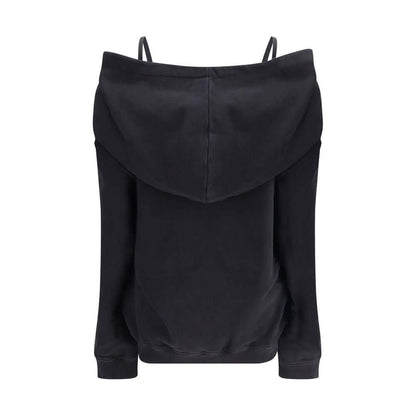 MM6 Black Cotton Sweatshirt with hood, featuring raw-cut hem, dropped shoulders, and iconic stitching details, made in Italy.