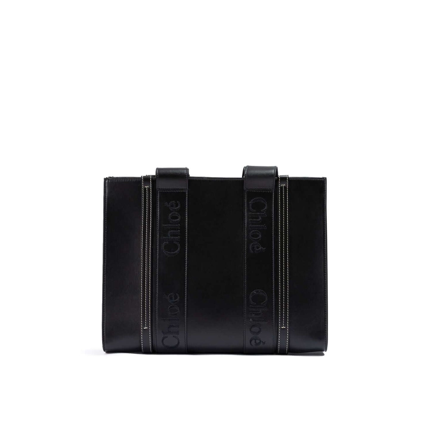 Chloé Black Woody Embroidered Logo Leather Medium Tote Bag with handles, black color, medium size, sustainable leather material