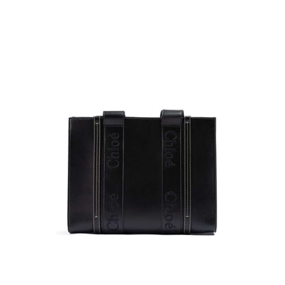 Chloé Black Woody Embroidered Logo Leather Medium Tote Bag with handles, black color, medium size, sustainable leather material