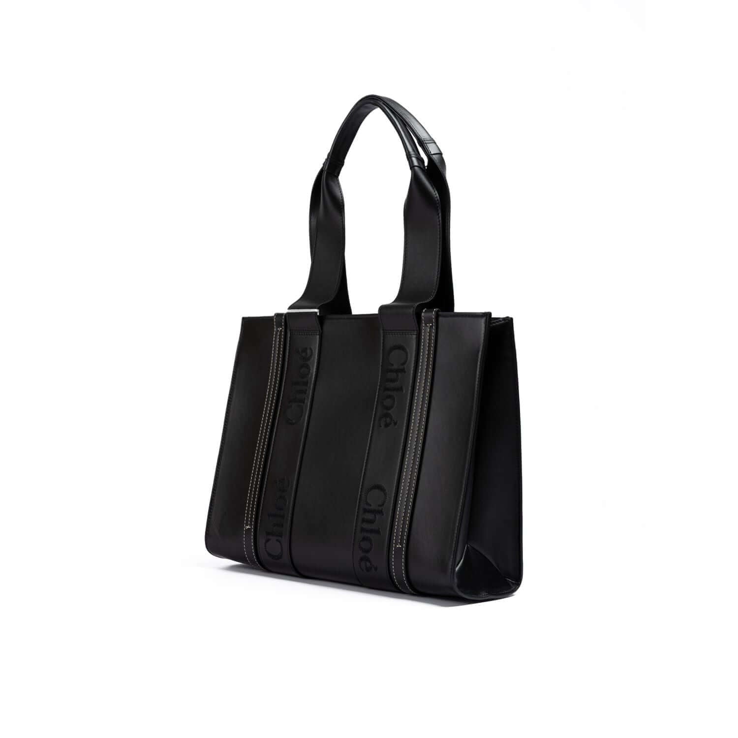 Chloé Black Woody Embroidered Logo Leather Medium Tote Bag