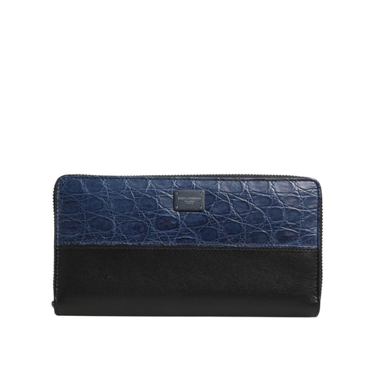Dolce & Gabbana Black Blue Exotic Leather Men Continental Clutch Wallet with textured zip-around style and logo plaque.
