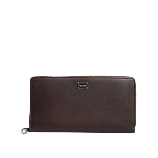 Dolce & Gabbana Brown Calfskin Leather Logo Zip Around Continental Wallet with minor scratches, front view, perfect for cards and bills.