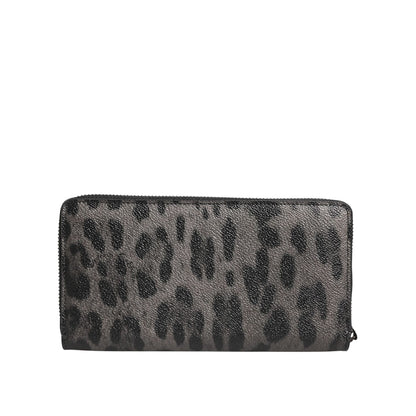 Dolce & Gabbana Black Gray Leopard Leather Zip Around Continental Wallet