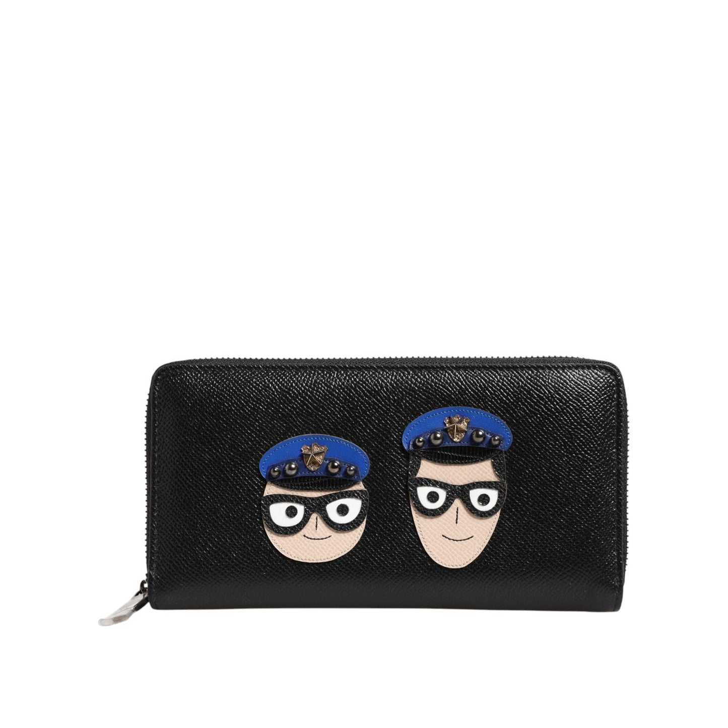 Dolce & Gabbana Black Leather #DGFAMILY Zipper Continental Mens Wallet with graphic leather appliques and zipper closure.