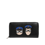 Dolce & Gabbana Black Leather #DGFAMILY Zipper Continental Mens Wallet with multicolor graphic leather appliques and zip closure.