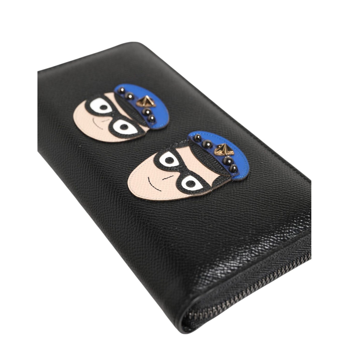 Dolce & Gabbana Black Leather #DGFAMILY Zipper Continental Mens Wallet with graphic appliques and zip closure.