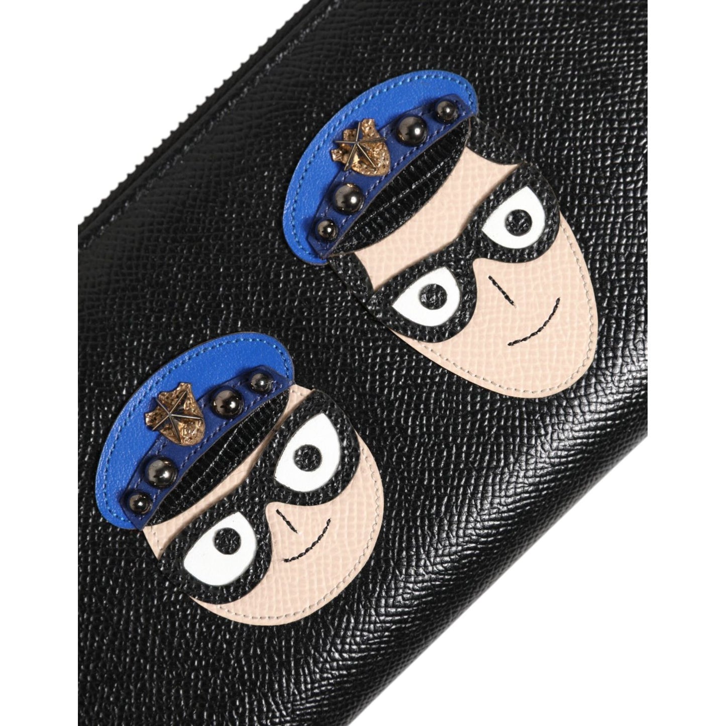 Dolce & Gabbana Black Leather #DGFAMILY Zipper Continental Mens Wallet with multicolor graphic leather appliques on black leather.