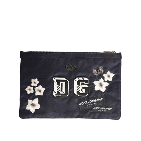 Dolce & Gabbana Blue DG Logo Patch Embellished Pouch Clutch Men Borse Bag with zipper closure and floral design.