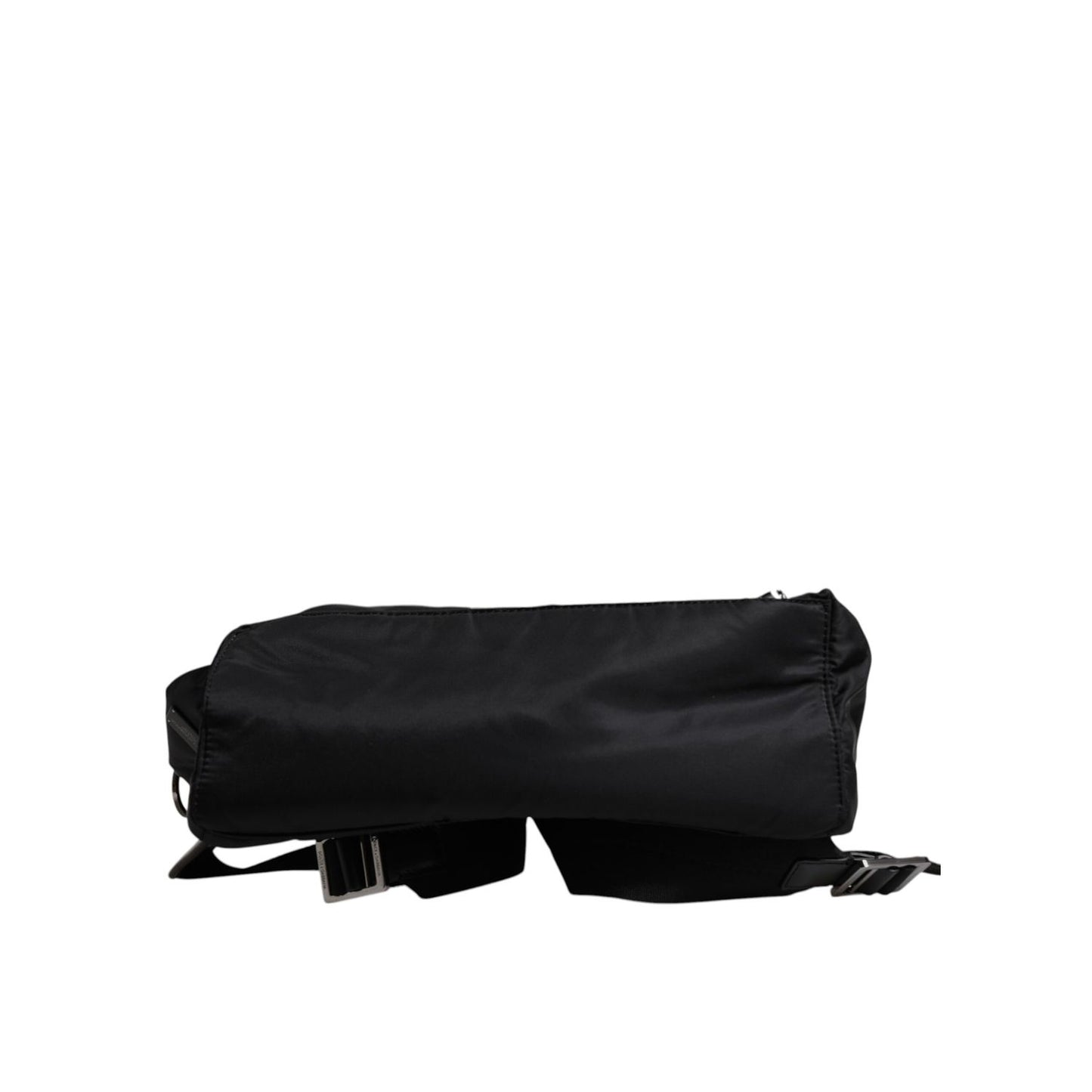Side view of a Dolce & Gabbana Black Logo Tape Polyamide School Travel Backpack Men Bag, showcasing logo details and metal hardware.