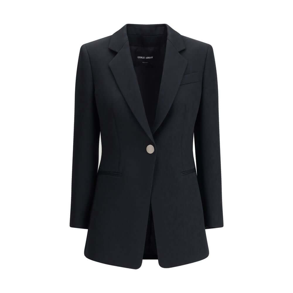 Giorgio Armani Black Polyester Blazer with notched lapels, single-button closure, and welt pockets. Ideal for elegant, formal wear.