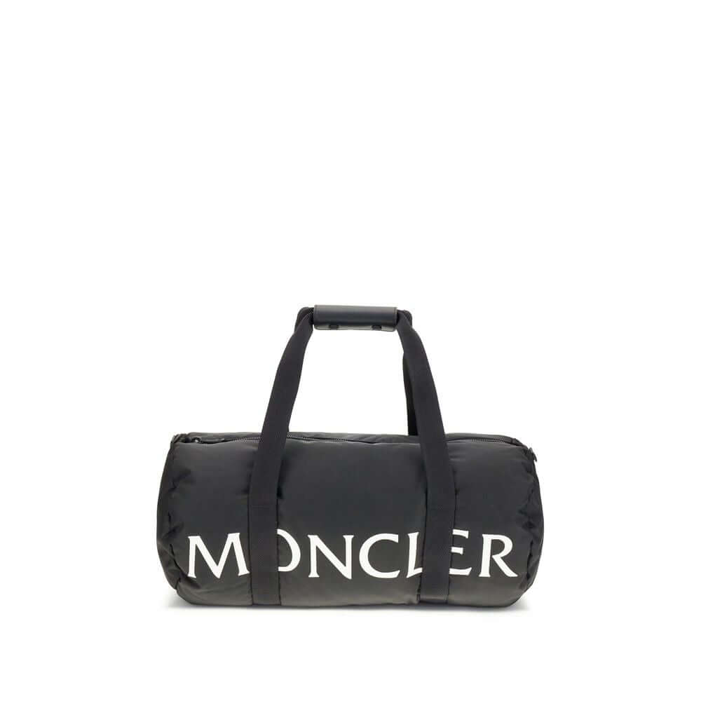 Moncler Black Nylon Luggage And Travel duffle bag with logo, leather-tab handles, detachable strap, and zip closure.