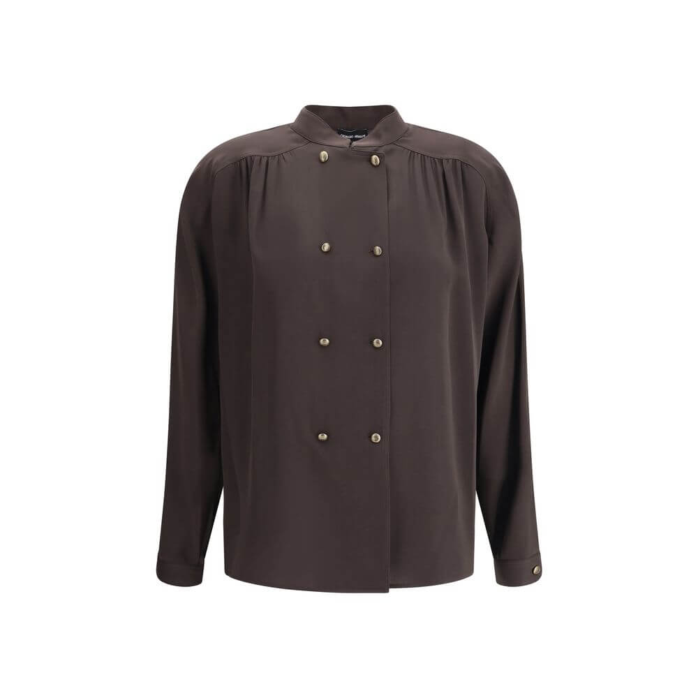 Giorgio Armani Brown Silk Shirt with double-breasted closure, embossed buttons, mandarin collar, and elegant silhouette, AW25, 100% Silk.