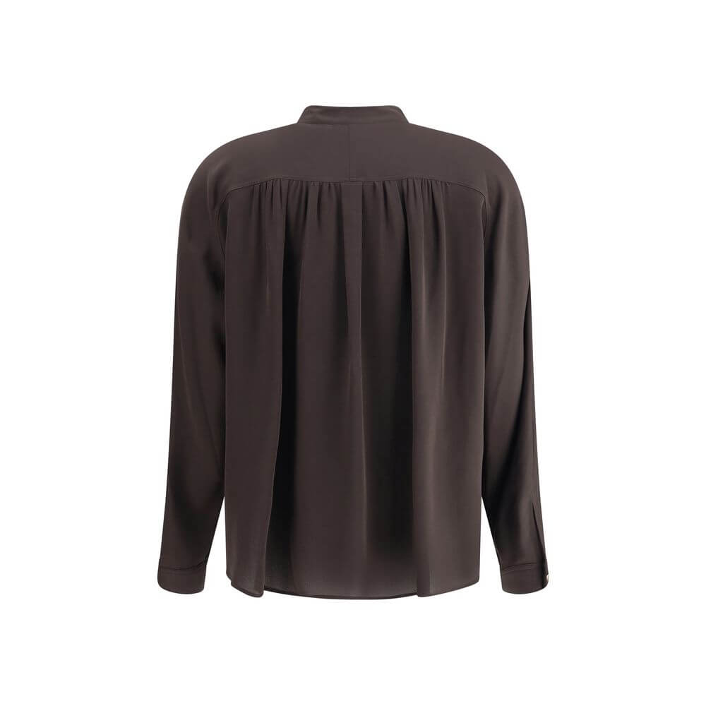 Giorgio Armani Brown Silk Shirt with double-breasted closure and mandarin collar, showcasing a refined and elegant design for AW25 season.