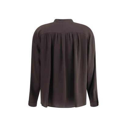Giorgio Armani Brown Silk Shirt with double-breasted closure and mandarin collar, showcasing a refined and elegant design for AW25 season.