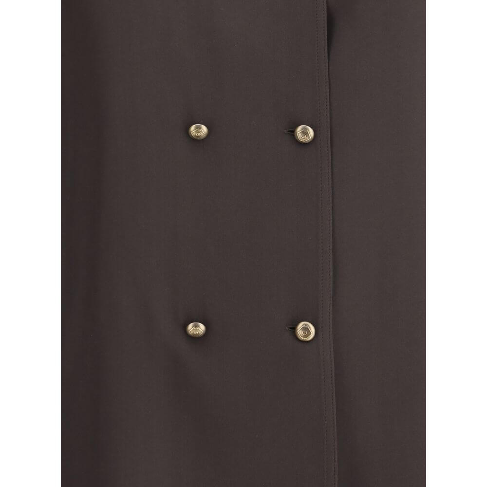 Close-up of Giorgio Armani Brown Silk Shirt with double-breasted closure and embossed buttons.