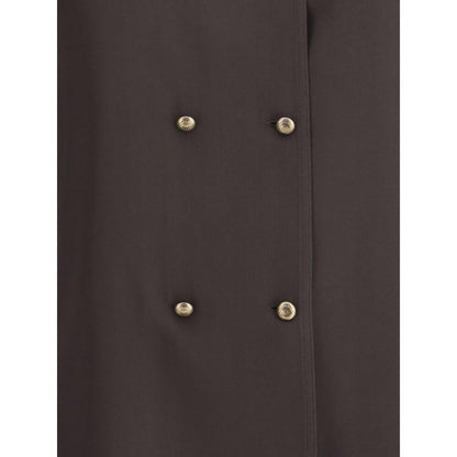 Close-up of Giorgio Armani Brown Silk Shirt with double-breasted closure and embossed buttons.