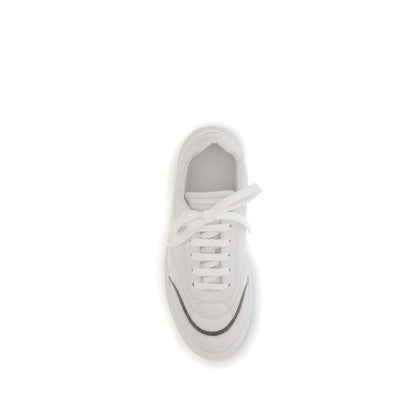 Brunello Cucinelli White Calf Leather Bos Taurus Low Top Sneakers with shiny details, flat laces, and rubber sole, top view.