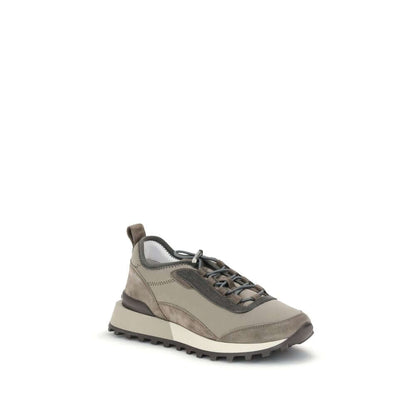 Brunello Cucinelli Brown Leather Athletic Sneakers with drawstring closure, TPU rubber tread, and heel pull tab for modern fit and comfort.