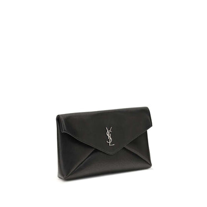 Saint Laurent Black Calf Leather Bos Taurus Clutch Bag with silver logo and envelope design, perfect for elegant occasions.