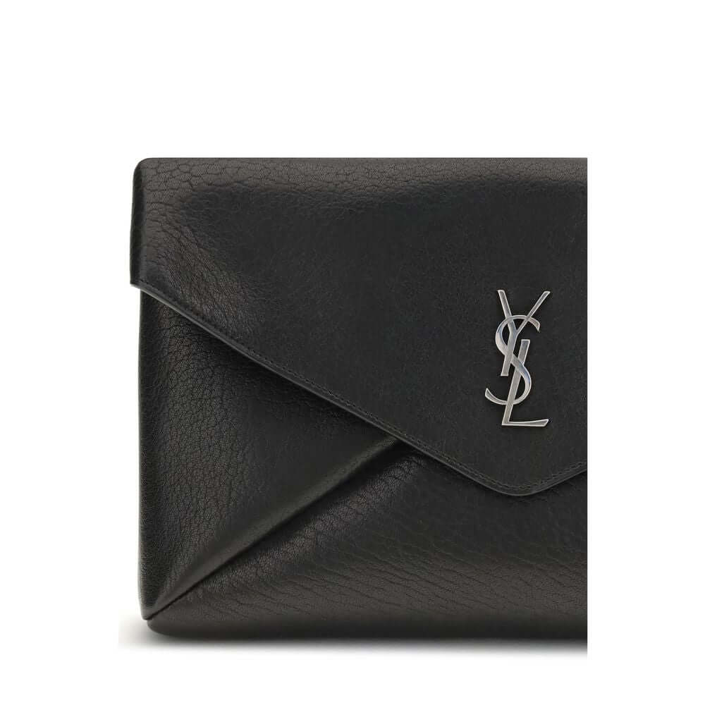 Saint Laurent Black Calf Leather Bos Taurus Clutch Bag with silver logo and envelope design.