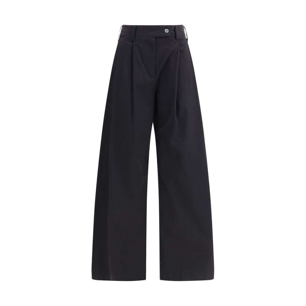 Ella Black Cotton Casual Pants with wide leg, front pleats, belt loops, and side welt pockets, made of 97% cotton, 3% elastane.