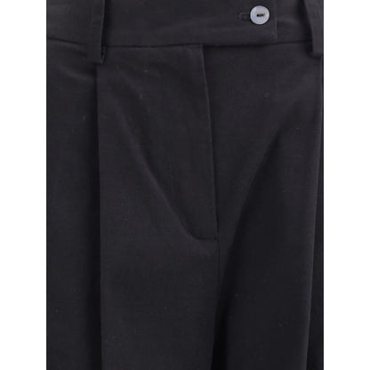 Ella Black Cotton Casual Pants with wide leg, front pleats, and button closure, showcasing elegant design and refined Italian craftsmanship.