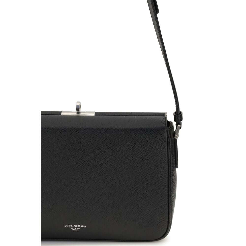 Dolce & Gabbana Black Calf Leather Bos Taurus Shoulder Bag with metal zipper and adjustable strap