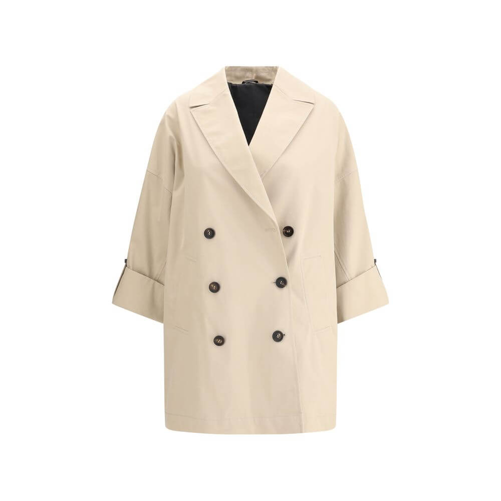Brunello Cucinelli Beige Cotton Coat with wide lapels, double-breasted front, and jewel detail, offering modern elegance and sophistication.
