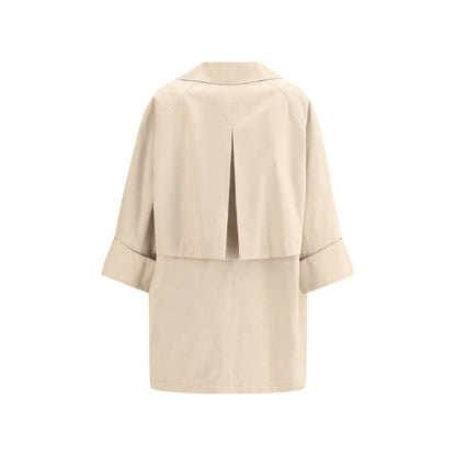 Back view of Brunello Cucinelli Beige Cotton Coat with wide sleeves and elegant jewel detailing.