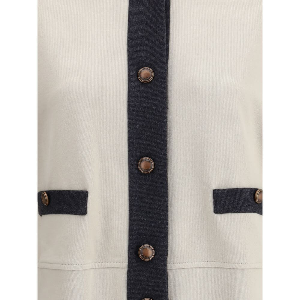 Brunello Cucinelli Gray Cotton Cardigan with front button closure and welt pockets, showcasing elegant design and craftsmanship.