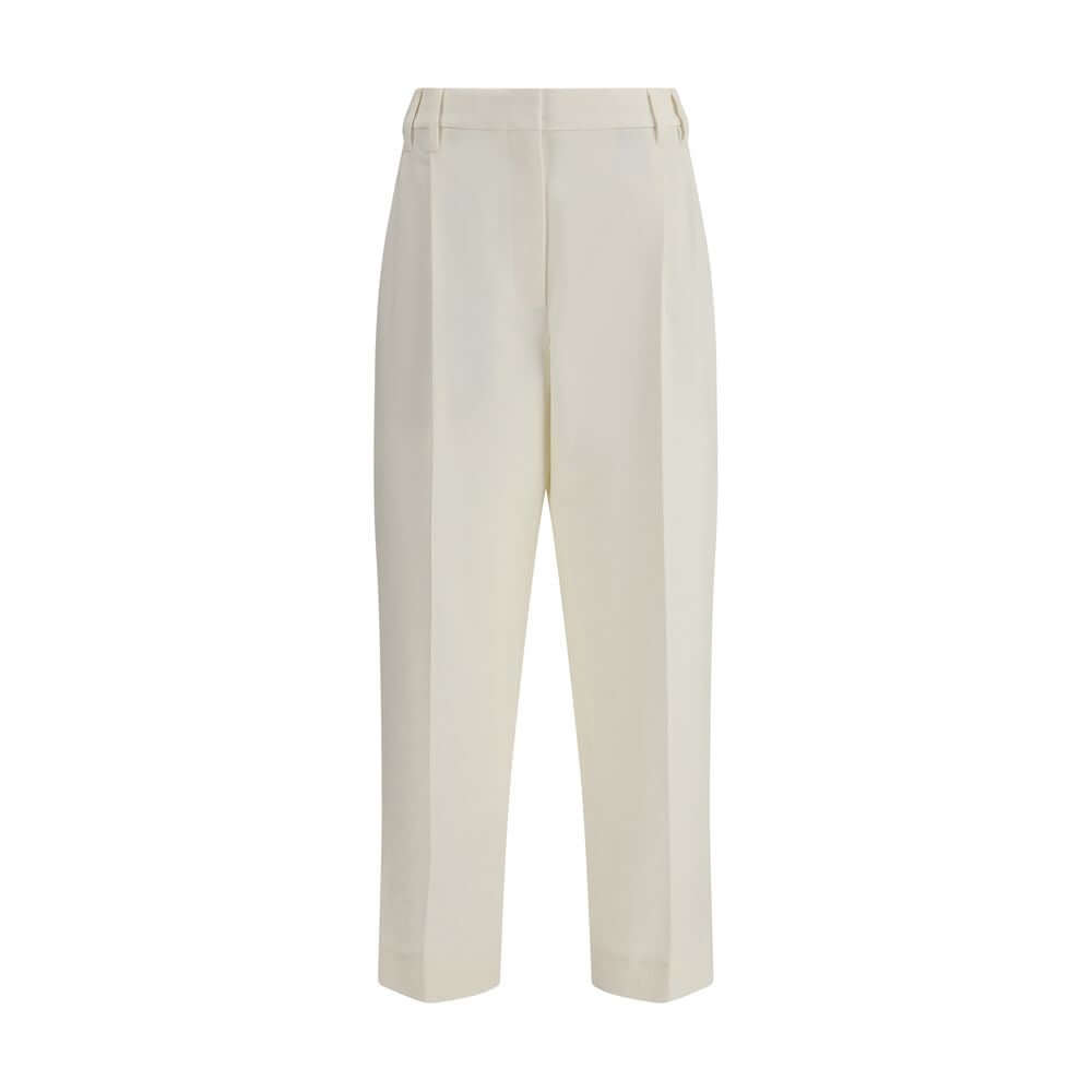 Brunello Cucinelli White Cotton Chino Pants with front pleats and straight leg design, elegant and modern style, made in Italy