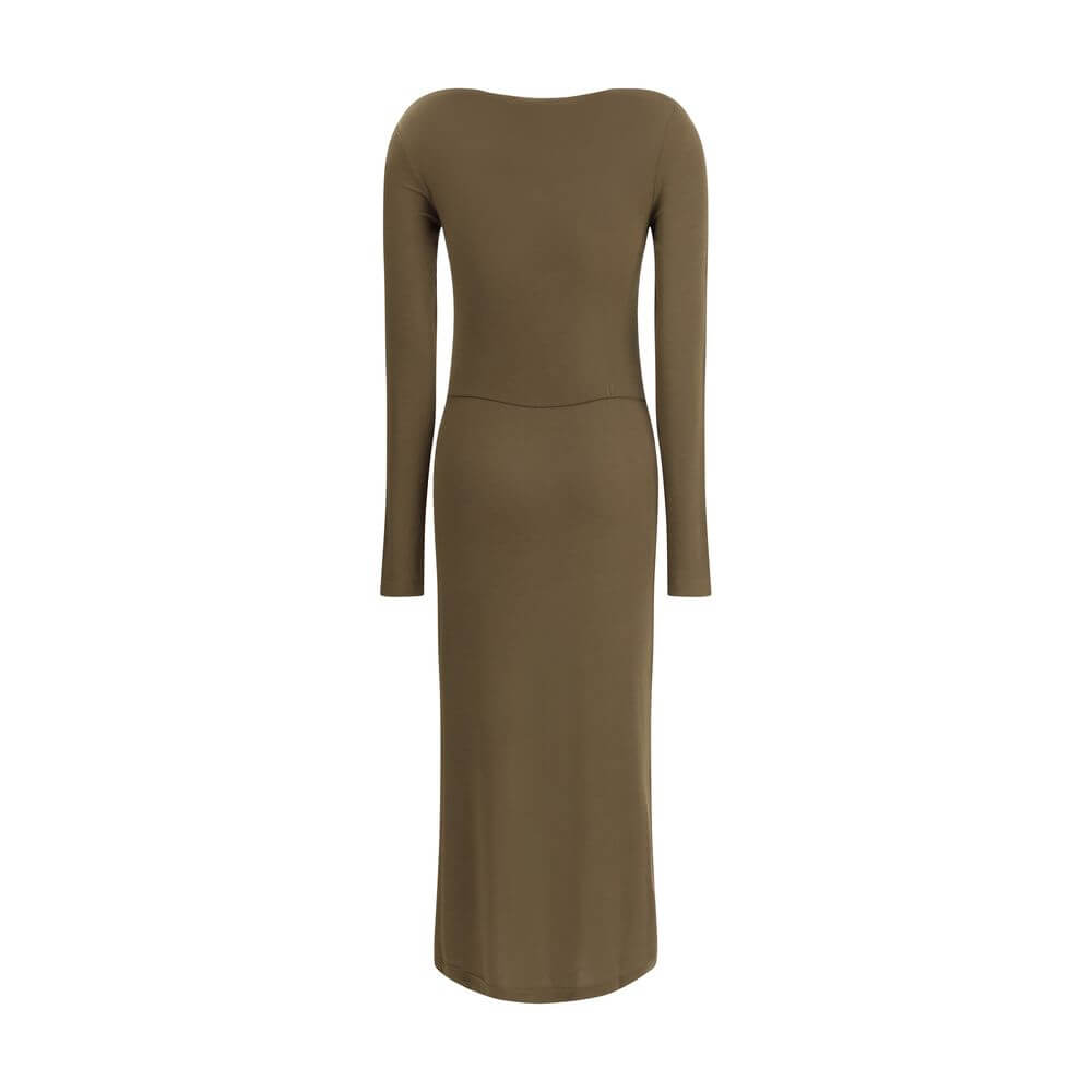 Marant Etoile Green Modal Casual Dress with long sleeves and fitted silhouette, featuring elegant draping and round neckline, back view.