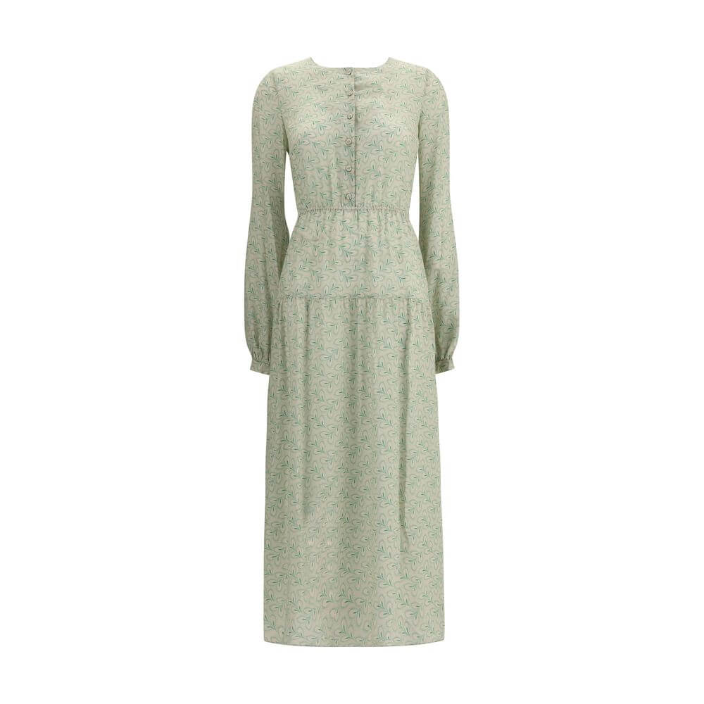 Kristina Ti Green Silk Long Dress with foliage print, elastic waist, and button closure for elegant and fluid wear.