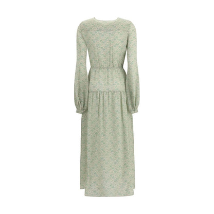Kristina Ti Green Silk Long Dress with delicate foliage print, elasticized waist, and mid-bust button closure, perfect for AW25 fashion.