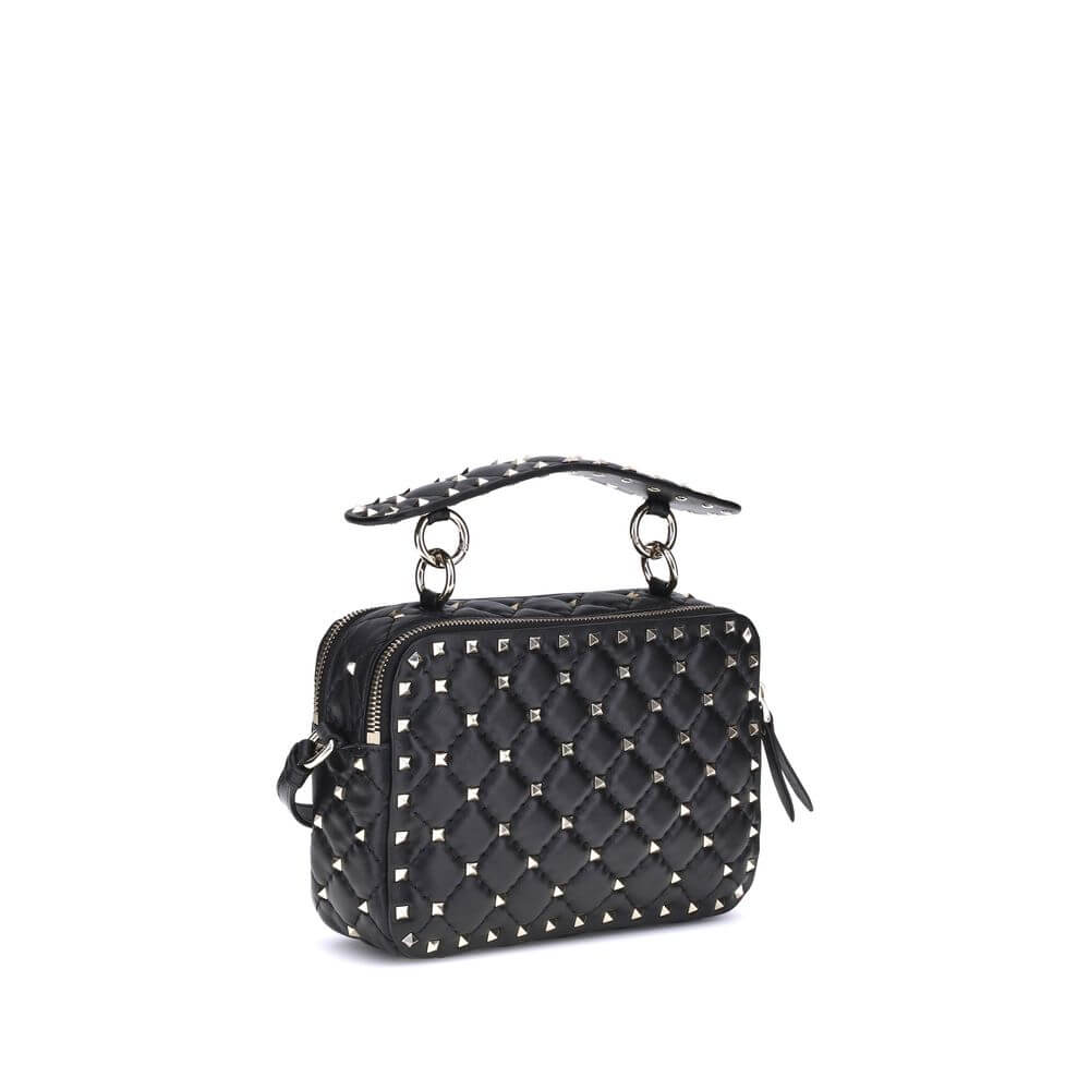 Valentino Garavani Black Lamb Ovis Aries Aries Shoulder Bag, quilted with gold-tone studs and removable studded leather handle.