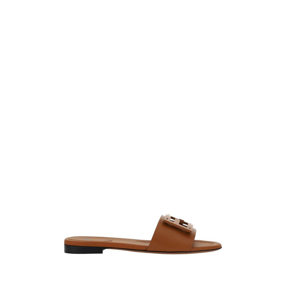 Fendi Brown Calf Leather Bos Taurus Flat Sandals with iconic FF logo, open toe, slip-on style, made in Italy. Autumn/Winter 25 collection.