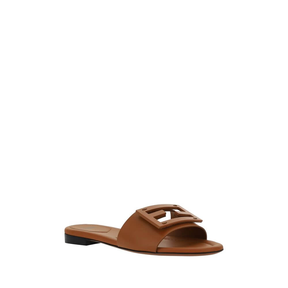 Fendi Brown Calf Leather Bos Taurus Flat Sandals with iconic FF logo, open toe design, slip-on style, made in Italy.