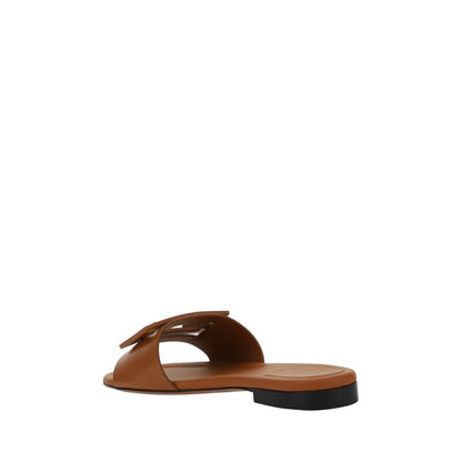 Fendi Brown Calf Leather Bos Taurus Flat Sandals with FF logo, open toe design, slip-on style, viewed from rear angle.