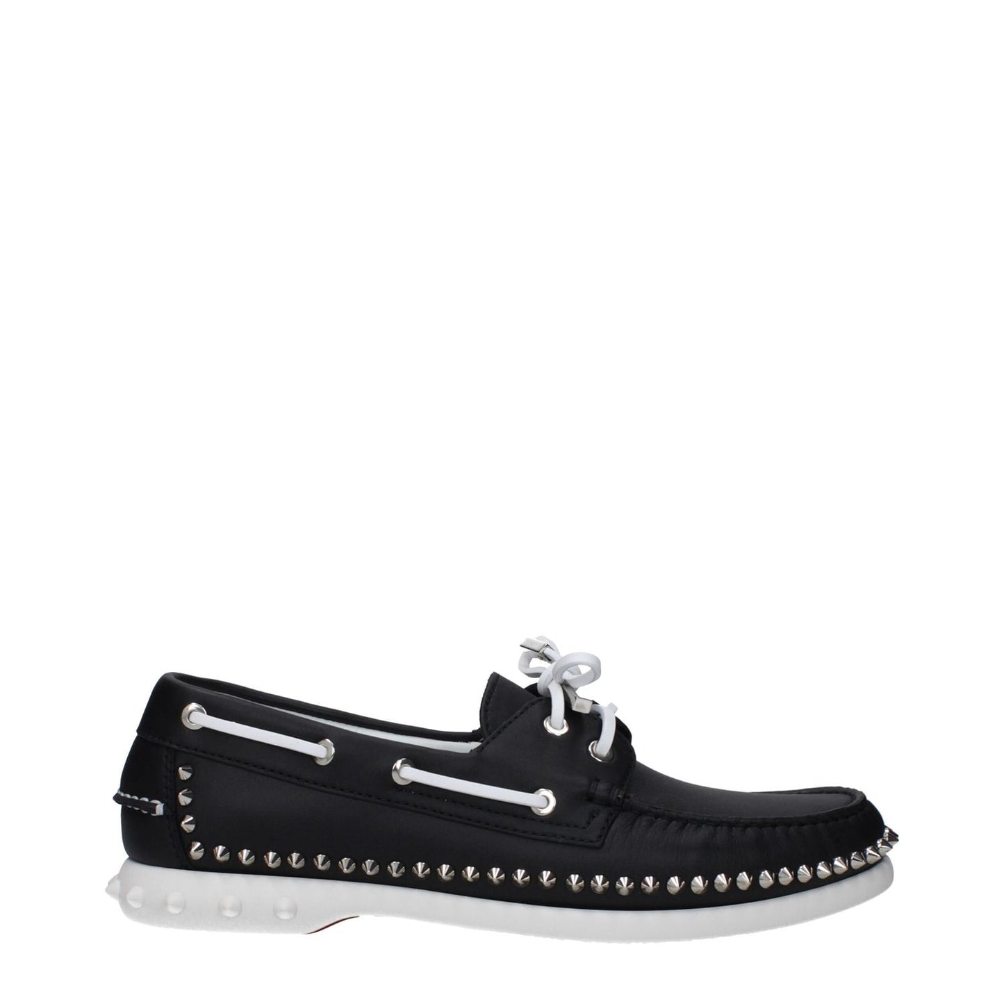 Christian Louboutin Black Leather Slip-On Loafers with studs and rubber sole, lace-up closure, low flat heel, and round toe design.