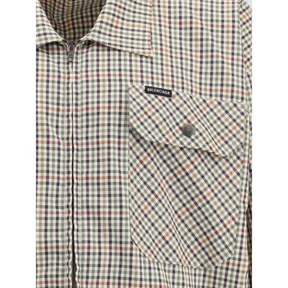 Balenciaga Multicolor Cotton Coat with check pattern and embroidered logo, featuring chest flap pockets and zipper closure, AW25 collection.