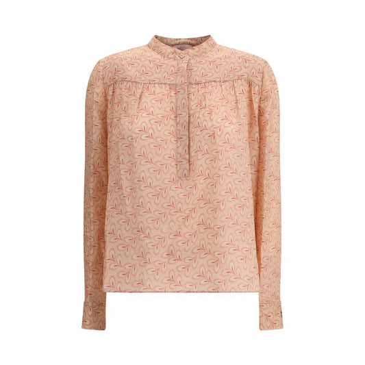 Kristina Ti Multicolor Silk Pattern Shirt with delicate foliage print and stand-up collar, perfect for casual and sophisticated looks.