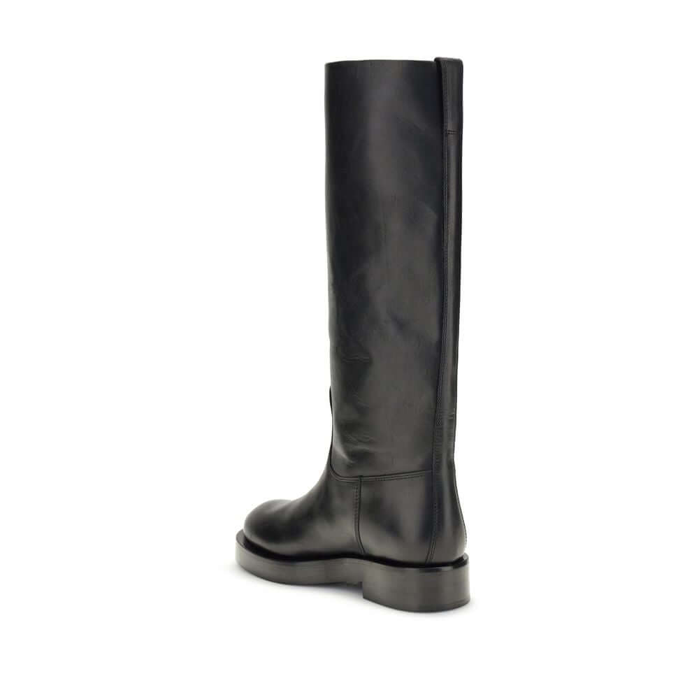 Paris Texas Black Leather Boots with round toe and block heel, crafted from Napa leather, knee-high, elegant and versatile, AW25 fashion.