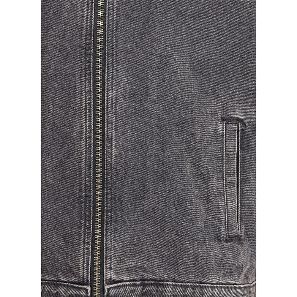 Close-up of 7FOR Gray Cotton Denim Jacket with zipper and pocket details, made of 100% cotton for a timeless look.