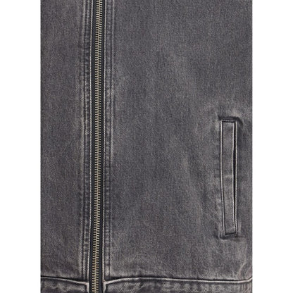 Close-up of 7FOR Gray Cotton Denim Jacket with zipper and pocket details, made of 100% cotton for a timeless look.