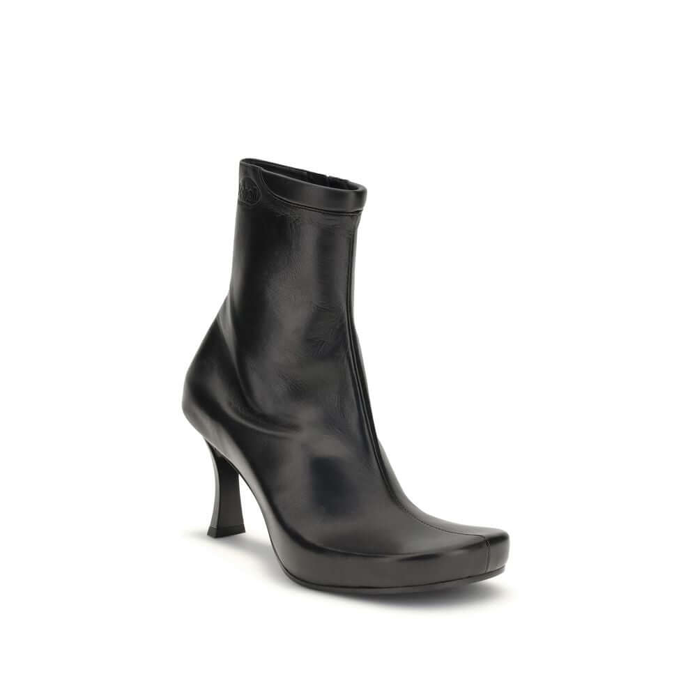 Balenciaga Black Calf Leather Bos Taurus Ankle Boots with square toe and embossed logos, featuring ergonomic insole and internal zip fastening.