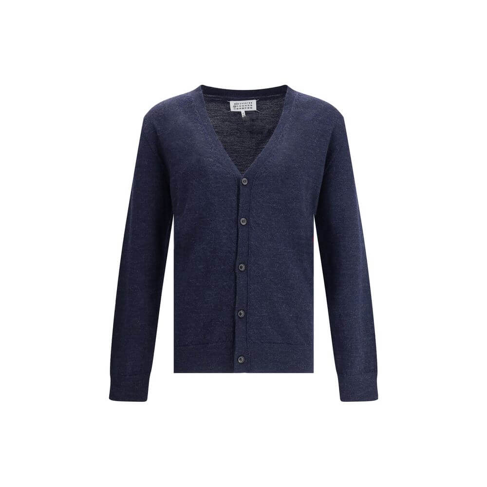 Margiela Blue Wool Cardigan with button closure, V-neck, ribbed trim, and elbow patches, AW25 collection.