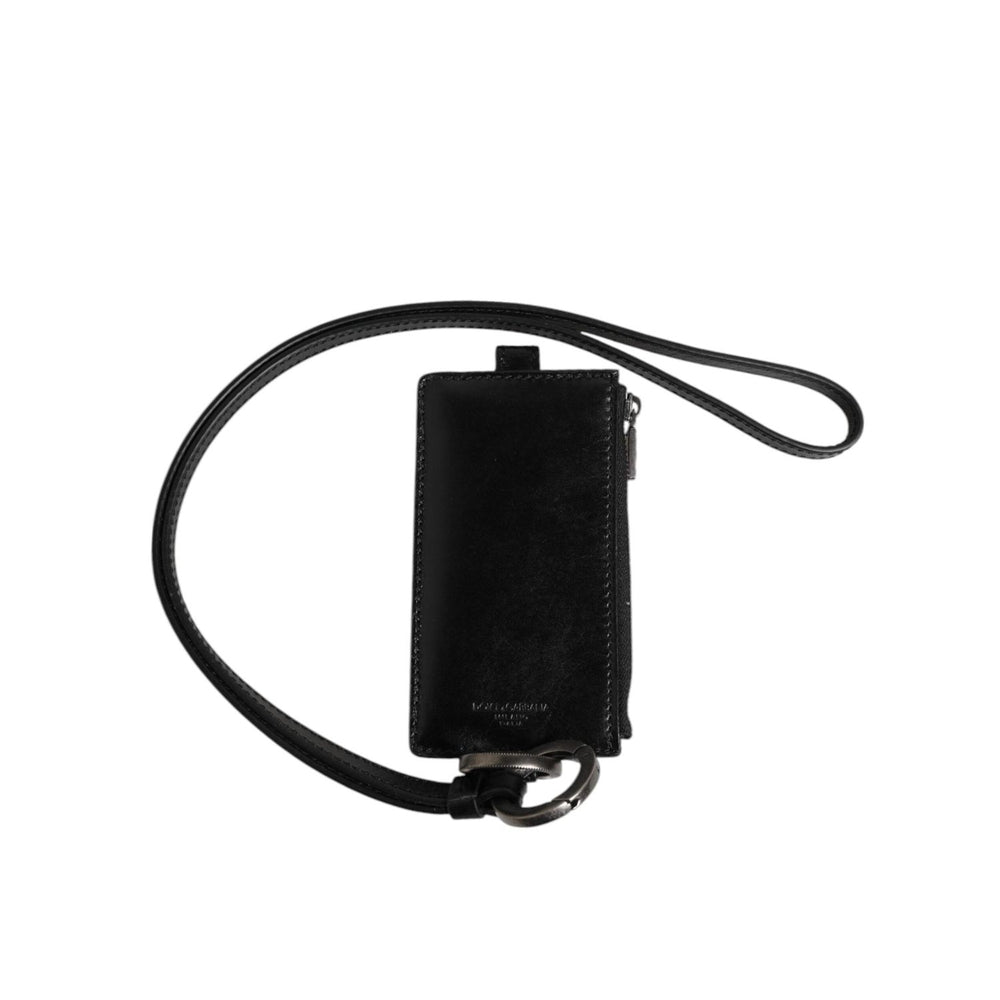Dolce & Gabbana Black Leather Logo Embossed Lanyard Card Holder Wallet with zip and card slots.