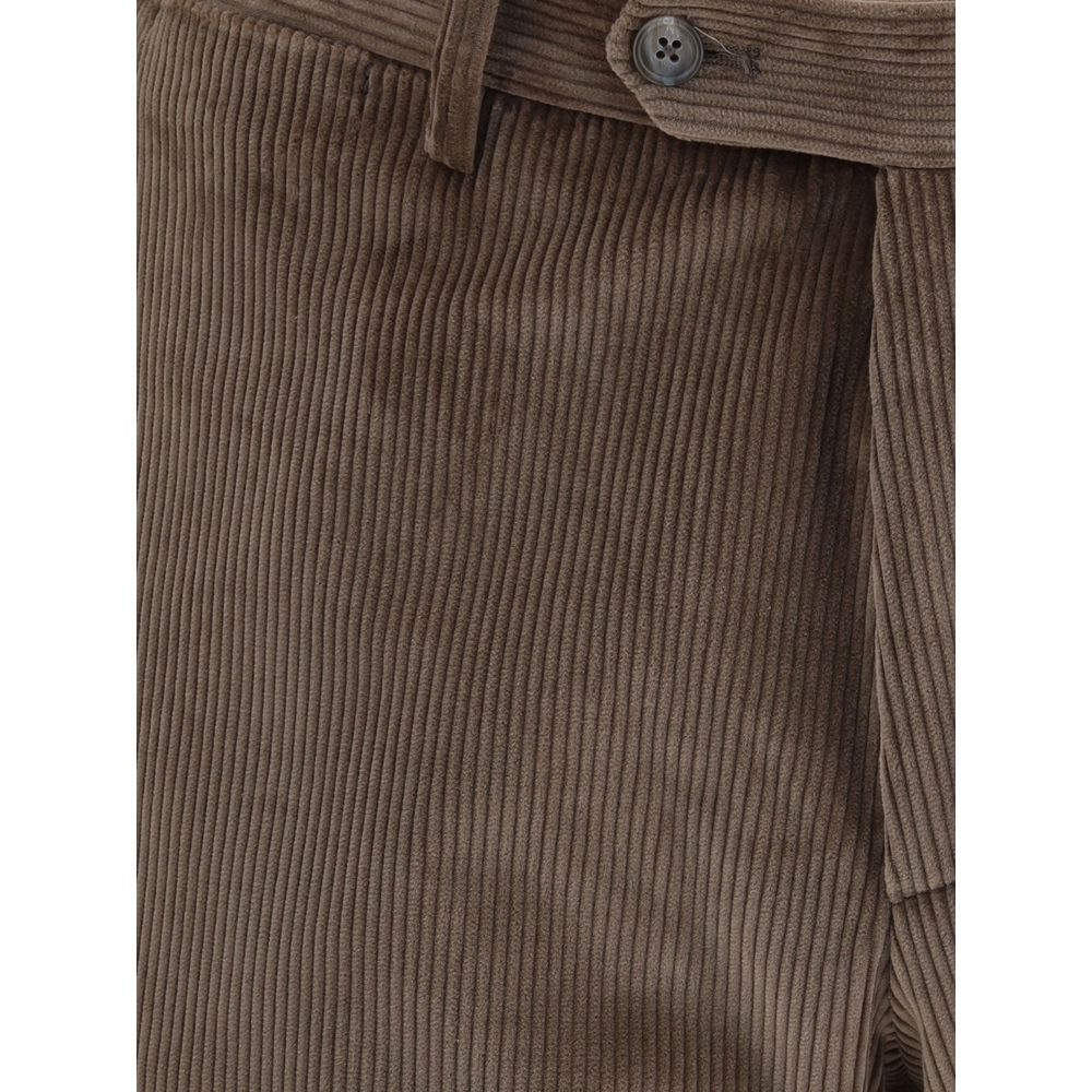 Close-up of Tagliatore Brown Cotton Two-Piece Suit pants in corduroy fabric featuring button and zipper detail.